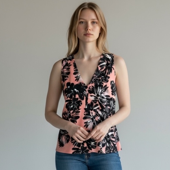 Rebecca Taylor Black and Pink Floral Sleeveless Silk Peplum Blouse - Picture 2 of 7